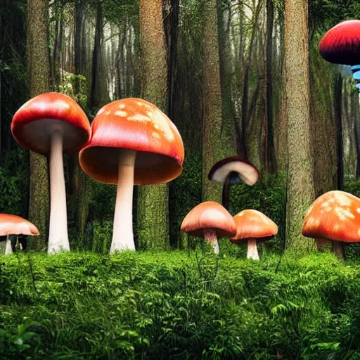 Prompt: weird animals walking in a forest of giant mushrooms, detailed professional photo