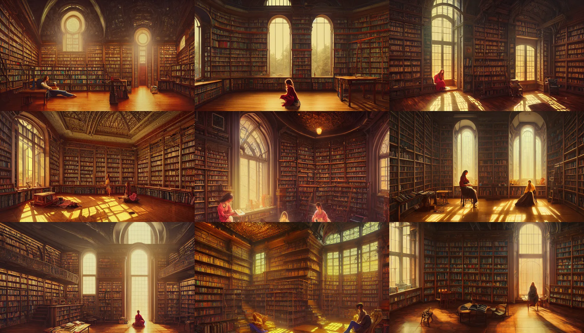 Prompt: interior of a library, path traced, highly detailed, high quality, digital painting, alena aenami, lilia alvarado, shinji aramaki, karol bak, alphonse mucha, tom bagshaw