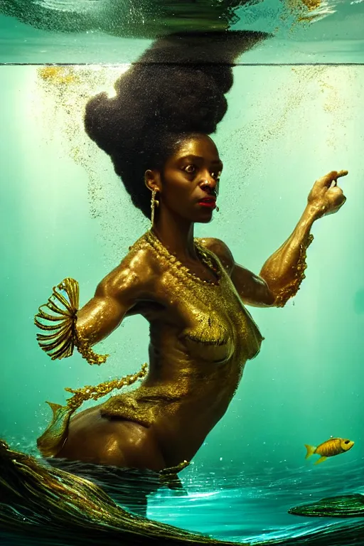 Prompt: hyperrealistic post - rococo cinematic half underwater scene with fish and algae, very expressive! translucent elegant african goddess getting out of water, gold jewerly, highly detailed face, digital art masterpiece, aykut aydogdu zener, dramatic volumetric light, long shot, low angle uhd 8 k, sharp focus