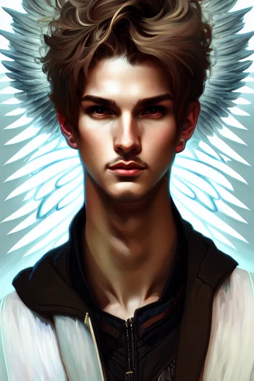 Prompt: beautiful casual bold angelic male warlock portrait, highly detailed, digital painting, artstation, sharp focus, illustration, art by tan zi and ayanamikodon and alphonse mucha and wlop