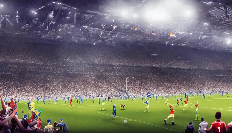 Image similar to 2 0 3 0 fifa world cup match, inside the crowded stadium, players on the field, hyperdetailed, artstation, cgsociety, 8 k