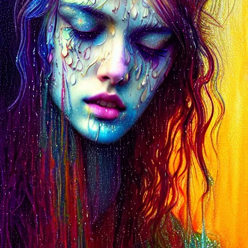 Image similar to girl in psychedelic LSD rain with wet hair and face, fantasy, intricate, elegant, dramatic lighting, emotionally evoking symbolic metaphor, highly detailed, lifelike, photorealistic, digital painting, artstation, concept art, smooth, sharp focus, illustration, art by John Collier and Albert Aublet and Krenz Cushart and Artem Demura and Alphonse Mucha