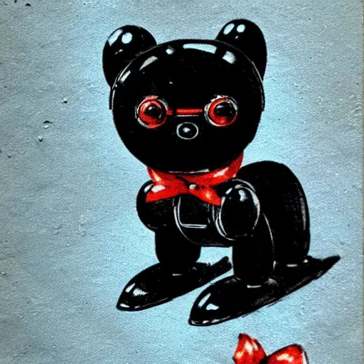 Image similar to a cute retro black pomeranian robot!!!!!! ( ( ( alcohol ink on parchment, muted colors, shading!!!, detailed, textured parchment background, 1 9 5 0 s concept art ) ) )