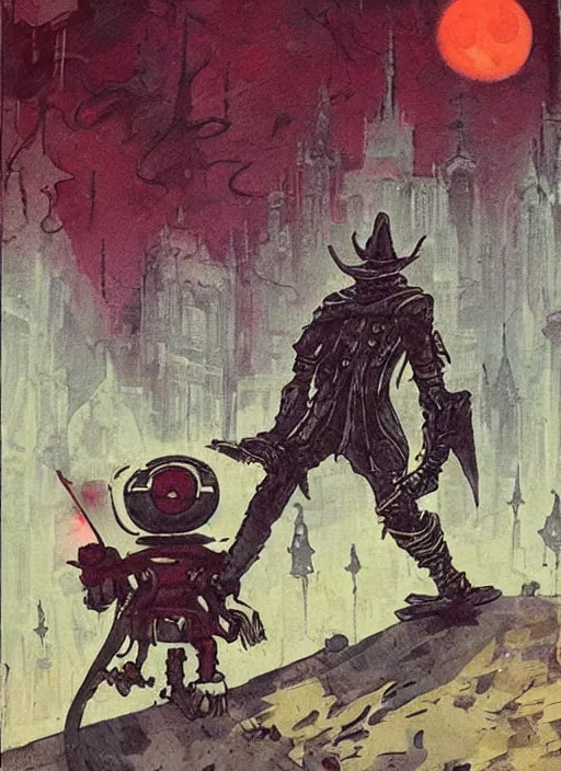 Prompt: a hunter from bloodborne vs robot in yharnam, style by retrofuturism, faded red and yelow, by malcolm smith, old comics in city, nicholas roerich