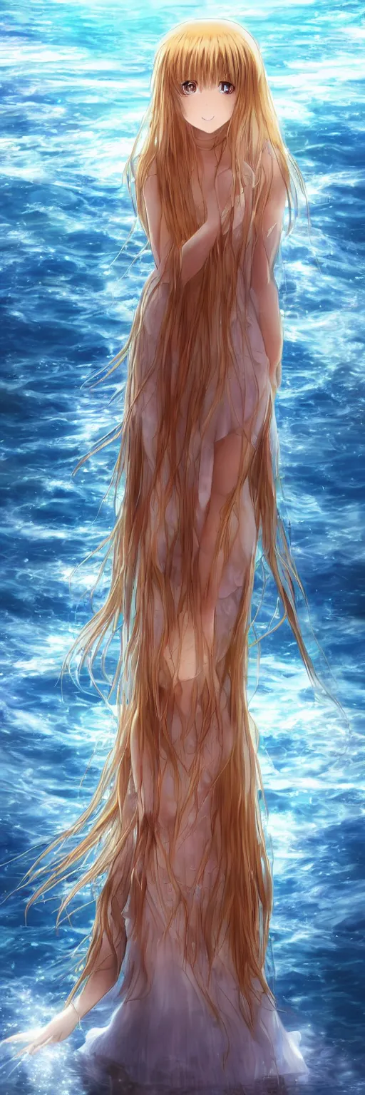 Image similar to advanced digital anime art, a very cute gorgeous teenage girl wearing a dress made of water standing in a reflective lake, full body, very long golden hair, sky blue highlights in hair, red fiery watery eyes, full round face, dramatic cinematic lighting, medium shot, Gaussian blur, highly intricately detailed, trending on pixiv, Artstation, painted by Rossdraws and the style of Sakimimichan