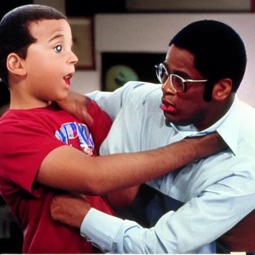 Image similar to steve urkle punching joe biden on the set of a 1 9 8 0 s children's show, detailed facial expressions