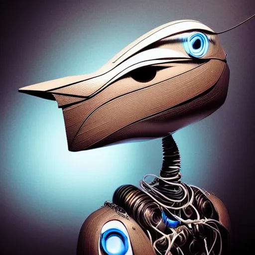 Image similar to beautiful artistic - wave highly detailed robotic bird, with head phones, by ben templesmith, dynamic lighting, gradient light blue, brown, blonde cream and white color scheme, grunge aesthetic