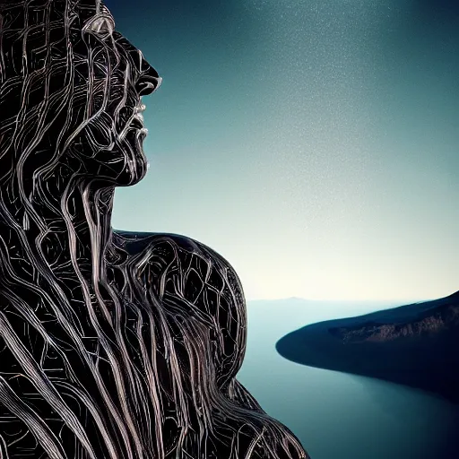 Prompt: greek statue dripping black iridescent liquid by alex grey, mountains in background, geometric vines, moody, dramatic, introspective, 8 k, octane render, photorealistic, hyper detailed, perfect lighting