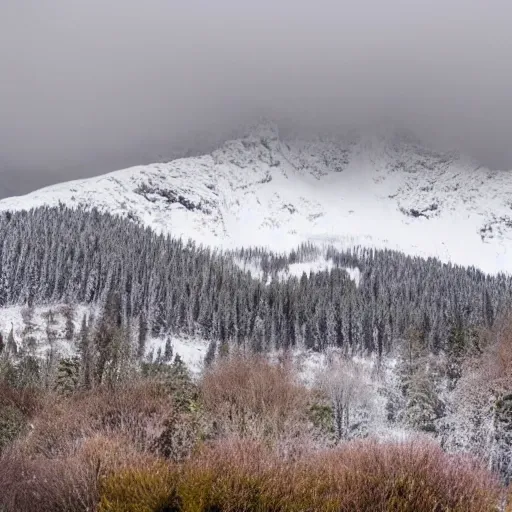 Prompt: a massive snow capped mountain that is larger than the picture frame. overcast sky, snowing.