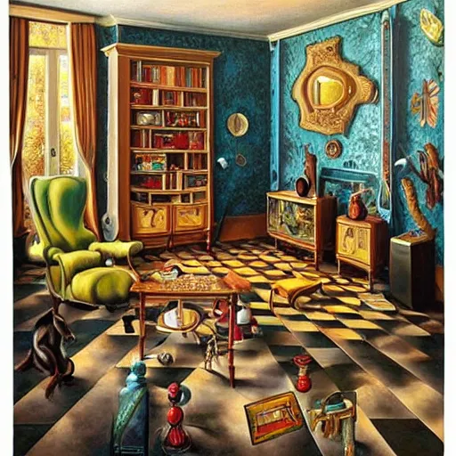 Image similar to a painting of a living room filled with furniture, a surrealist painting by jacek yerka, cgsociety, fantastic realism, maximalist, surrealist, detailed painting