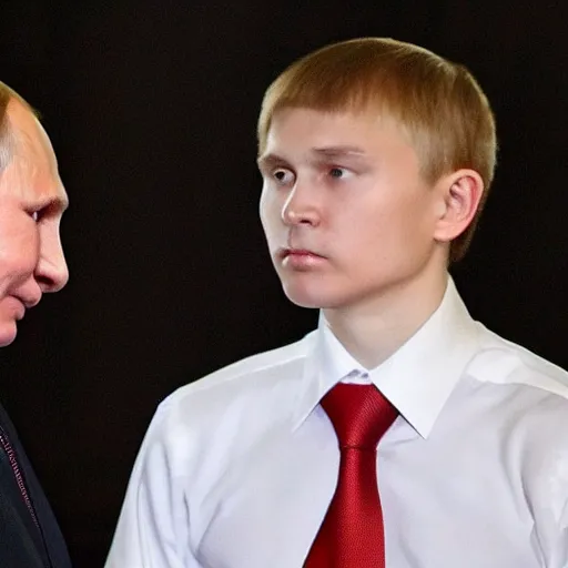 Image similar to putin teams up with a mysterious teenage putin, perfect faces