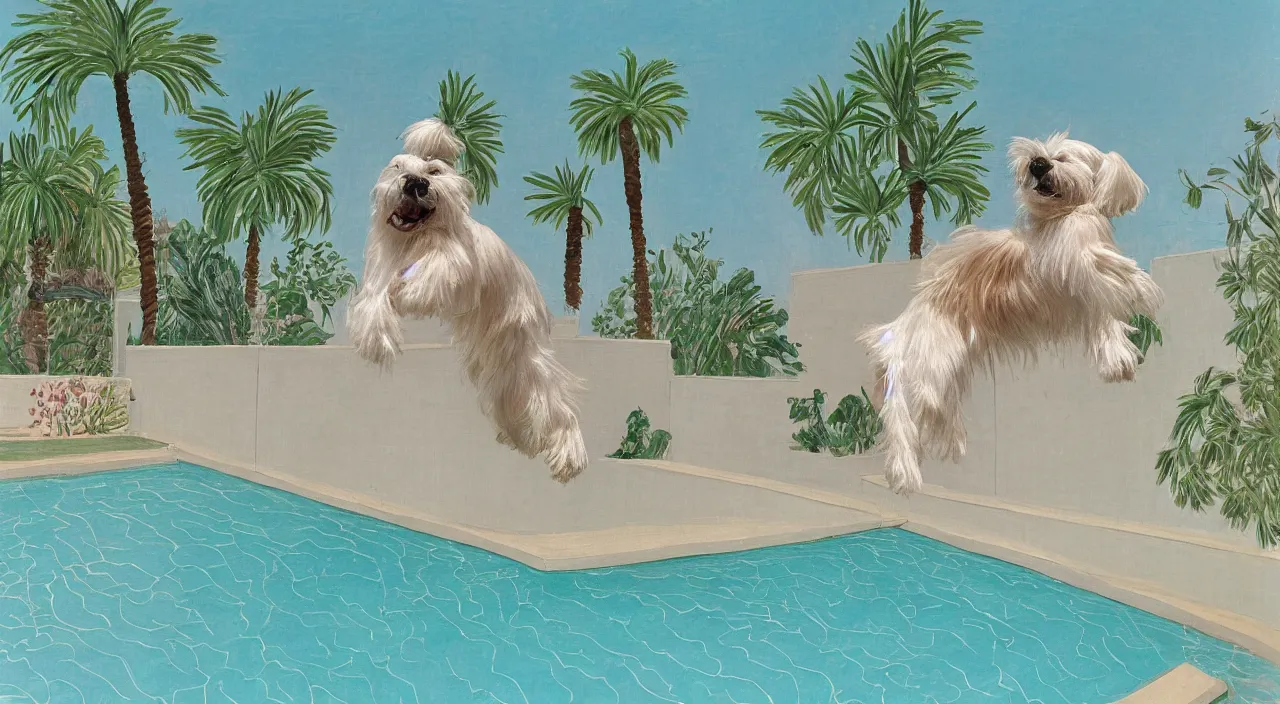 Prompt: medium shot of one cream colored havanese dog jumping off a diving board into a pool at a mid century modern house in palm springs by david hockney