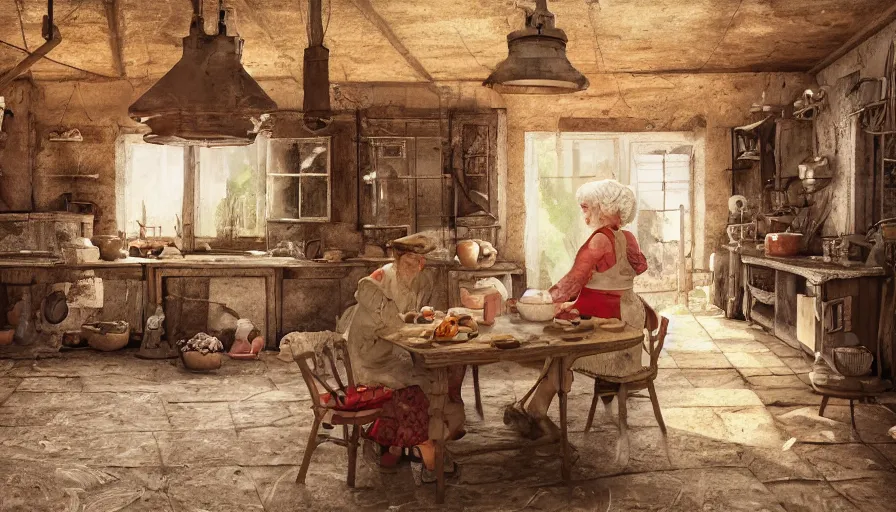 Image similar to old polish lady cooking in an old kitchen, old 1 8 0 0's house, pan and plates, fruits and legumes, old wooden tables and chairs, hyperdetailed, artstation, cgsociety, 8 k