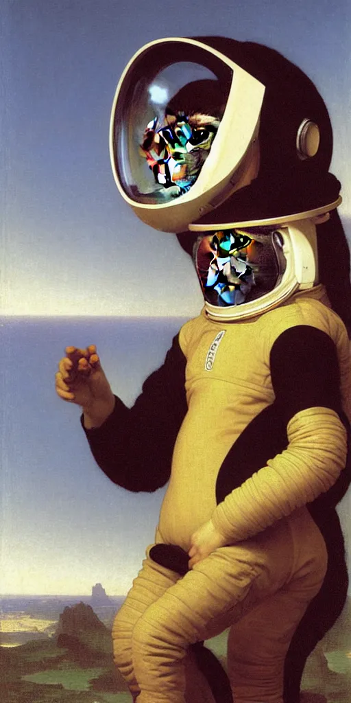 Image similar to portrait of a monkey wearing a spacesuit and an astronaut helmet, by bouguereau