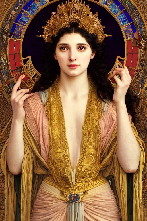 Image similar to Portrait of historically accurate, biblical, sneering, young, wicked, terrible, evil, pagan, beautiful, queen jezebel of ancient Israel, wearing gilded robes, long hair, intricate, elegant, highly detailed, masterpiece, illustration, art by artgerm and greg rutkowski and alphonse mucha and Wayne Barlowe and william-adolphe bouguereau, highly detailed, trending on artstation, award winning