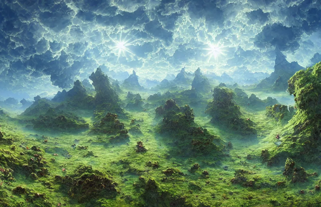 Image similar to mandelbrot mandelbulb swiss landscape, ridley scott, hyperreal phantastic green meadow landscape, small sailship, intricate details in environment, meeting point, portal, luminance, bright pastel colors, golden ratio, high aestehtic, cinematic light, godrays, distance, clear atmosphere, photobash, wideangle, bierstadt, hyperreal 4 k