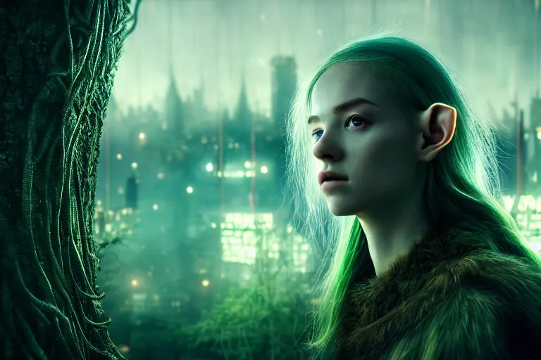 Image similar to an ultra realistic, cinematic, fantasy, headshot portrait, of an elden ring elf, fairy lights, facial features, background of a vast dystopian cityscape, with trees and neon lights, detailed, deep focus, movie still, dramatic lighting, ray tracing, by michal karcz and yoshitaka amano