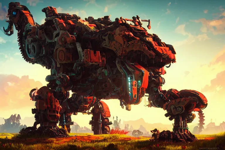 Image similar to behemoth machine mecanical creature robot of horizon forbidden west horizon zero dawn radiating a glowing aura global illumination ray tracing hdr fanart arstation by ian pesty and alena aenami artworks in 4 k