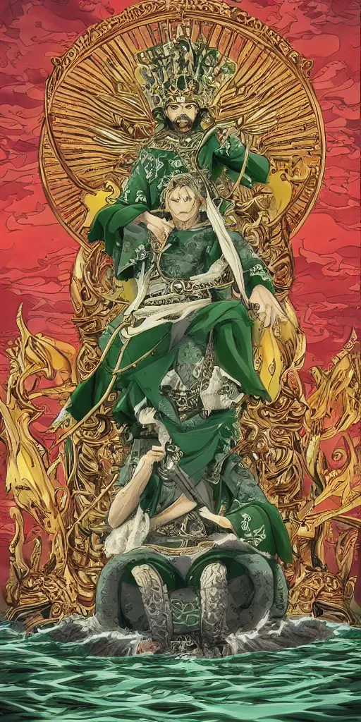 Image similar to a lone emperor sitting on a emerald throne floating on water in the middle of a lake drawn by Makoto Yukimura in the style of Vinland saga anime, full color, detailed, psychedelic, Authority, structure, a father figure, tarot card, The emperor tarot card