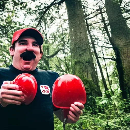 Prompt: real life photo of Super Mario sniffing a big red and white mushroom he just discovered in the woods, unable to hold back eating it with extreme glee, 4K photography