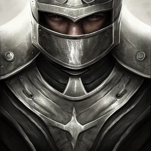 Prompt: realistic portrait, 30 year old man :: athletic, simple basic metal armour, majestic, authority, sword :: high detail, digital art, RPG, concept art, illustration