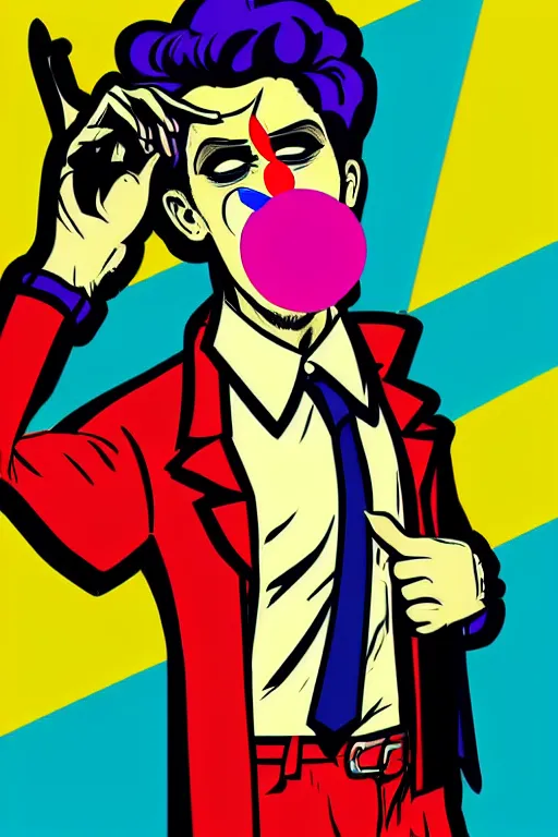 Image similar to detailed display twitter guy wearing an blouses with clown mask. pop art, gta vice city art style, face and body features, ultra realistic details, digital art, concept art, smooth art, sharp focus, illustration, intecrate details, elegant, confident posse, art by mark millar and richard hamilton and mimmo rottela