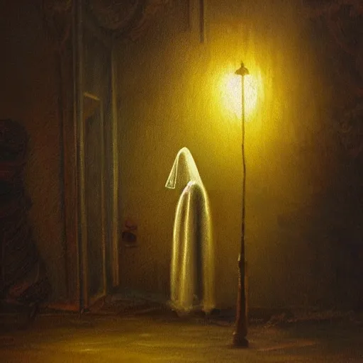 Prompt: ominous urine stained bedsheet ghost standing in front of a cars headlights late at night, oil painting, brush strokes, highly ornate intricate detail, gloomy mood,