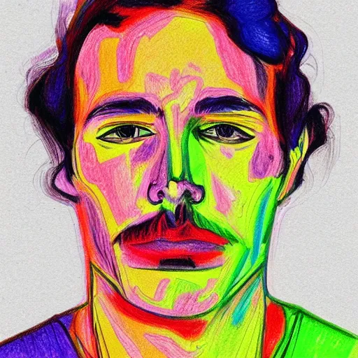 Prompt: a colorful drawing of a man's face and neck, an ultrafine detailed painting by reynolds beal, behance, figurative art, outlined art, fauvism, art on instagram