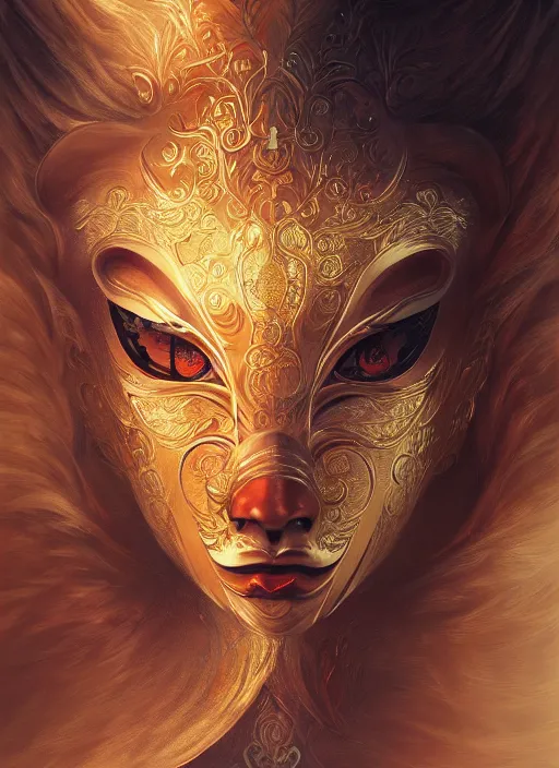 Image similar to a beautiful detailed oil on copper art illustration of a japanese kitsune mask woman, centered, by charlie bowater, zeng fanzh, trending on artstation, dim dusk lighting, cinematic lighting, detailed lighting, volumetric lighting, realistic, f 8, 4 k hd wallpaper