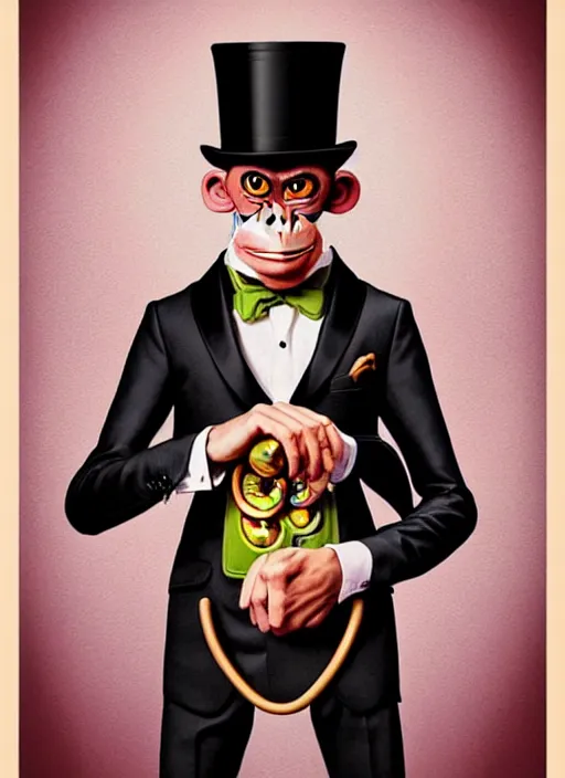 Prompt: an anthropomorphic monkey in a fancy suit and a top hat, pixar style by tristan eaton, artgerm, tom bagshaw