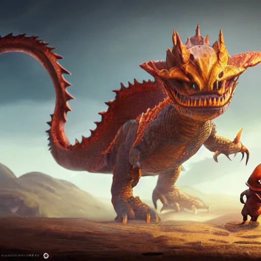 Prompt: an adorable and small alien lands on earth to meet a giant dragon, sweet, concept art, octane render, unreal engine, highly detailed, 4 k, comic book art
