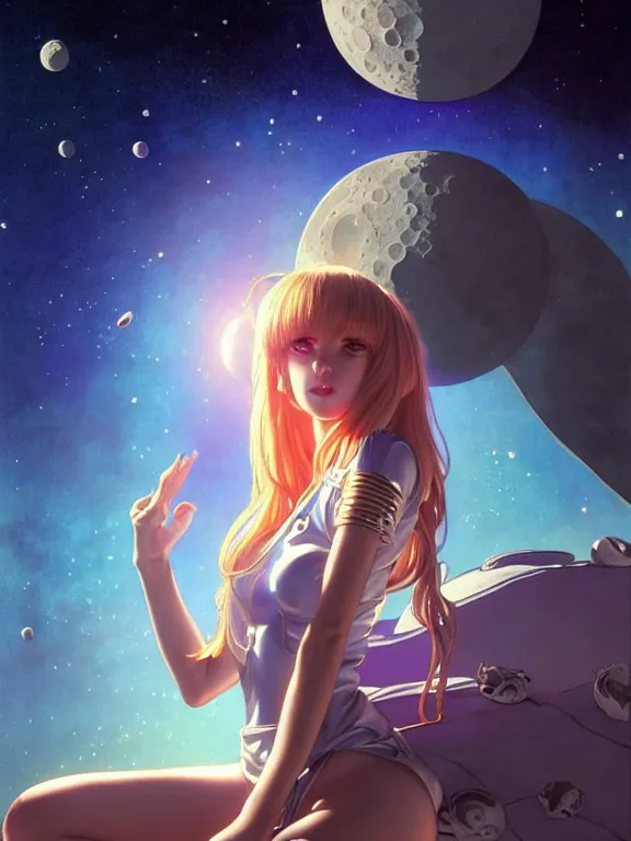 Image similar to full body picture of a space girl in the moon cafe, bored, coveted, beautiful and aesthetic, intricate, unreal engine, messy hair, highly detailed, detailed face, smooth, sharp focus, chiaroscuro, manga illustration, artgerm, greg rutkowski, ilya kuvshinov, rossdraws, alphonse mucha, young adult light novel cover art