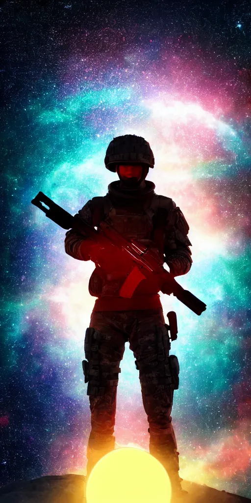 Prompt: high detail photo of an armed soldier holding a big gun floating in space inside magic colorful glowing sparkling fog, circular planet behind it, starry sky, tranquil, desolate, atmospheric, hazy, autochrome, 8k, reflections, octane render, unreal engine 5