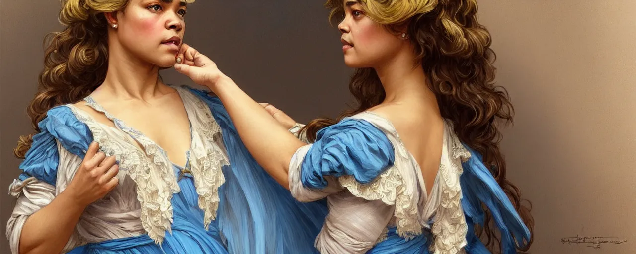 Image similar to full figure ultra realistic illustration, tessa thompson wearing a maiden blue dress, blonde flowy hair, old west, intricate, elegant, highly detailed, digital painting, artstation, concept art, smooth, sharp focus, illustration, art by artgerm and greg rutkowski and alphonse mucha