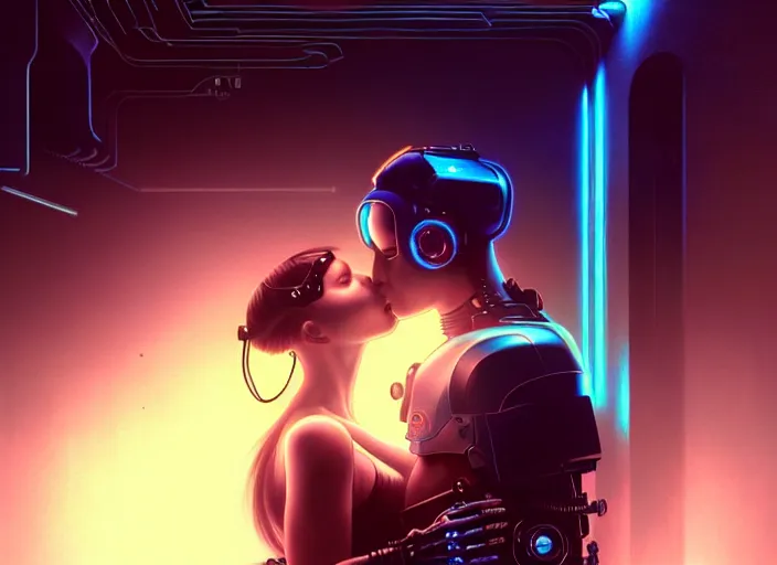 Image similar to ultra realistic medium shot of a couple of cyborgs kissing, lovers, cyberpunk, sci - fi, fantasy, kodak, colour led, soft light, volumetric lighting, fog, rays, night, intricate, highly detailed, digital painting, concept art, smooth, sharp focus, illustration, art by artgerm and greg rutkowski and alphonse mucha