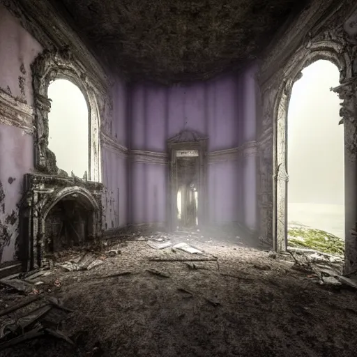 Image similar to abandoned castle, ultra realistic, 8 k, purple fog, dark, ultra detailed, highly detailed, fantastically detailed, professional photography, night time, cinematic