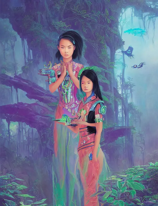 Image similar to southeast asian scifi princess of the cloud forest, wearing a lovely dress with cyberpunk details. this oil painting by the beloved children's book author has an interesting color scheme and impeccable lighting.