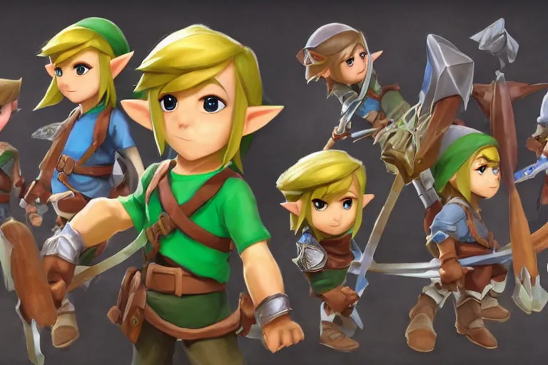 Image similar to surprised Link points at toon Link which points at young Link, all standing in a circle, made by Stanley Artgerm Lau, WLOP, Rossdraws, ArtStation, CGSociety, concept art, cgsociety, octane render, trending on artstation, artstationHD, artstationHQ, unreal engine, 4k, 8k,