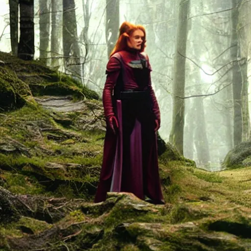 Image similar to movie still of alicia silverstone as frustrated sith mara jade on the forested mountain planet wayland in star wars episode vii : heir to the empire