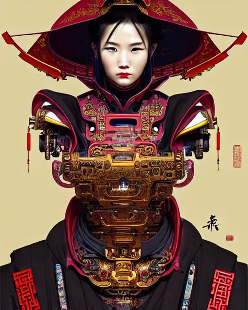 Image similar to portrait of a chinese cyberpunk machine, machine face, robed, upper half portrait, decorated with chinese opera motifs regal royal fierce machine robot cyberpunk fine china, wuxia, traditional chinese art intricate intense elegant highly detailed digital painting artstation concept art smooth sharp focus illustration, art by artgerm and greg rutkowski alphonse mucha 8 k