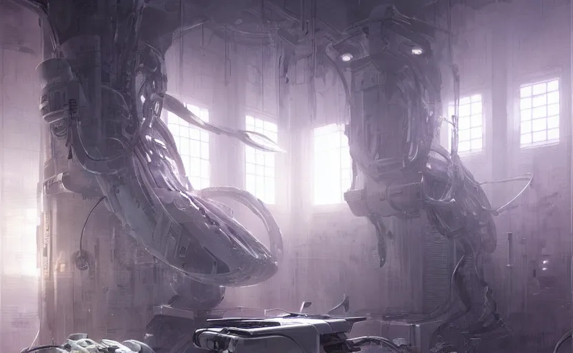 Image similar to neon surgery scanning machine prometheus cyberpunk futuristic, in a white room, art by giger, greg rutkowski