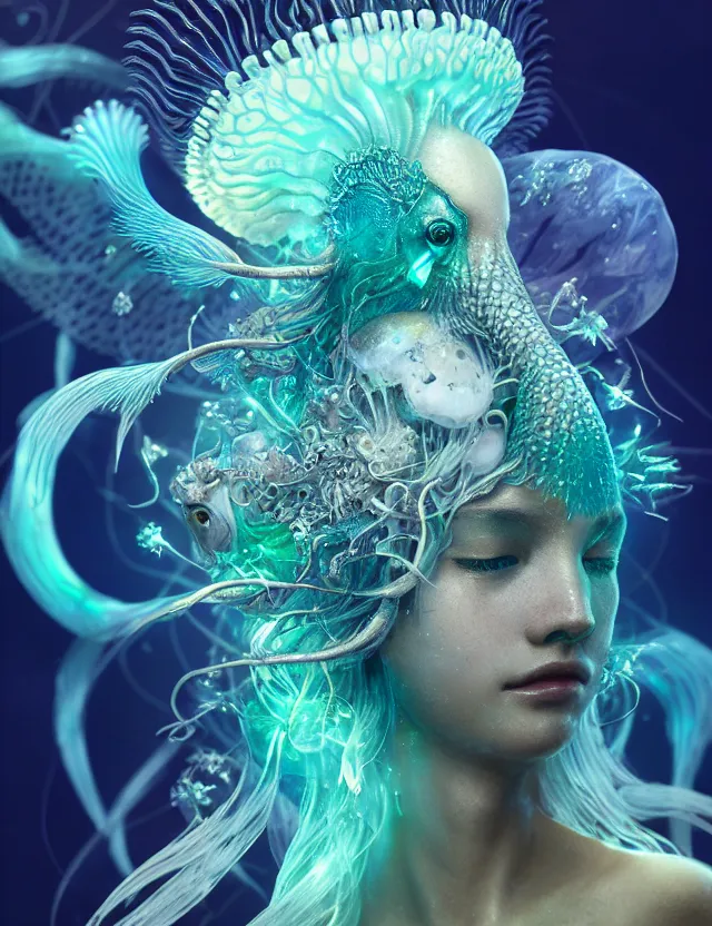 Image similar to goddess macro close - up portrait wigh crown made of ram skull. betta fish, jellyfish phoenix, bioluminiscent, plasma, ice, water, wind, creature, super intricate ornaments artwork by tooth wu and wlop and beeple and greg rutkowski