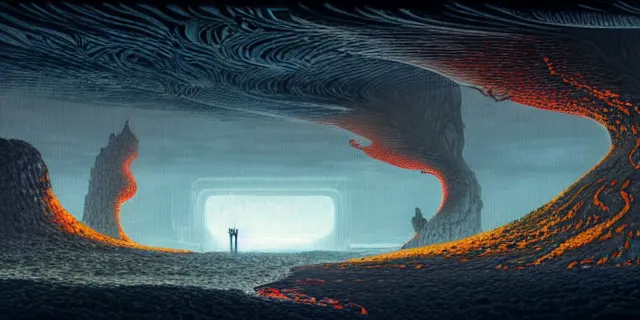 Image similar to painting lava dripping volcanic obsidian rock labyrinth with fauna covering futuristic mega city from blade in the style of florapunk by tomasz alen kopera and daniel lieske with futuristic castle by simon stahlenhag