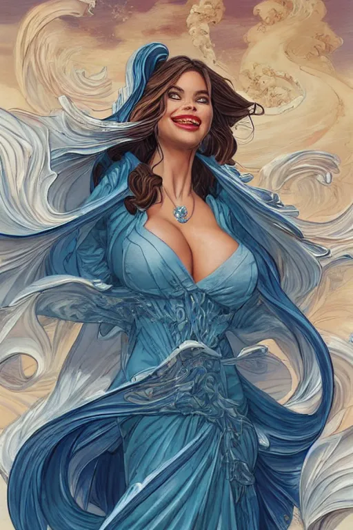 Image similar to Sofía Vergara as a heroine with a dress in the shape of the great wave off kanagawa, digital painting, artstation, concept art, smooth, sharp focus, illustration, art by artgerm and donato giancola and Joseph Christian Leyendecker, Ross Tran, WLOP