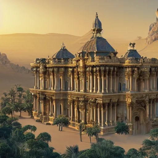 Prompt: an enormous, ornate palace in the middle of the desert, wide shot, cinematic, architecture, realistic, concept art, IMAX