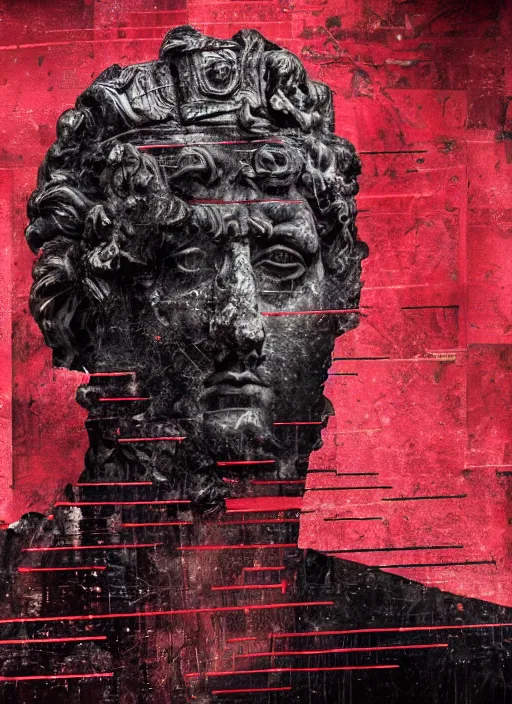 Prompt: dark design poster showing a statue of a roman emperor, black background with very subtle red and purple design elements, powerful, nekro, vito acconci, thin straight lines, dark, glitch art, neo vaporwave, gritty, layout frame, square, extremly detailed, trending on artstation