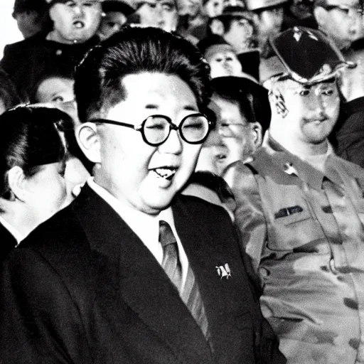 Prompt: rare vintage footage of a Kaiju Starfish monster overshadowing Kim Jong-il, obscured underexposed view