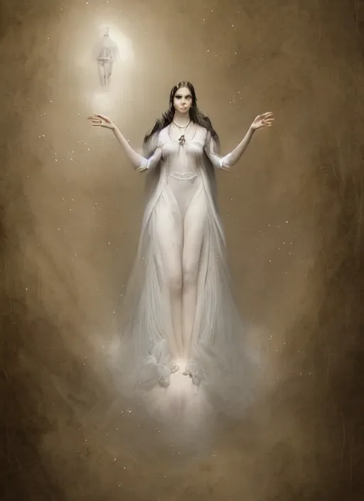 Image similar to hyper realistic photo of baroque luxury queen ethereal floating ghost full body, symmetric, rule of thirds, cinematic, artstation, cgsociety, greg rutkowski, james gurney brom