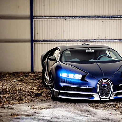 Image similar to an abandoned, derelict, ( really rusty ) bugatti chiron in a dirty warehouse