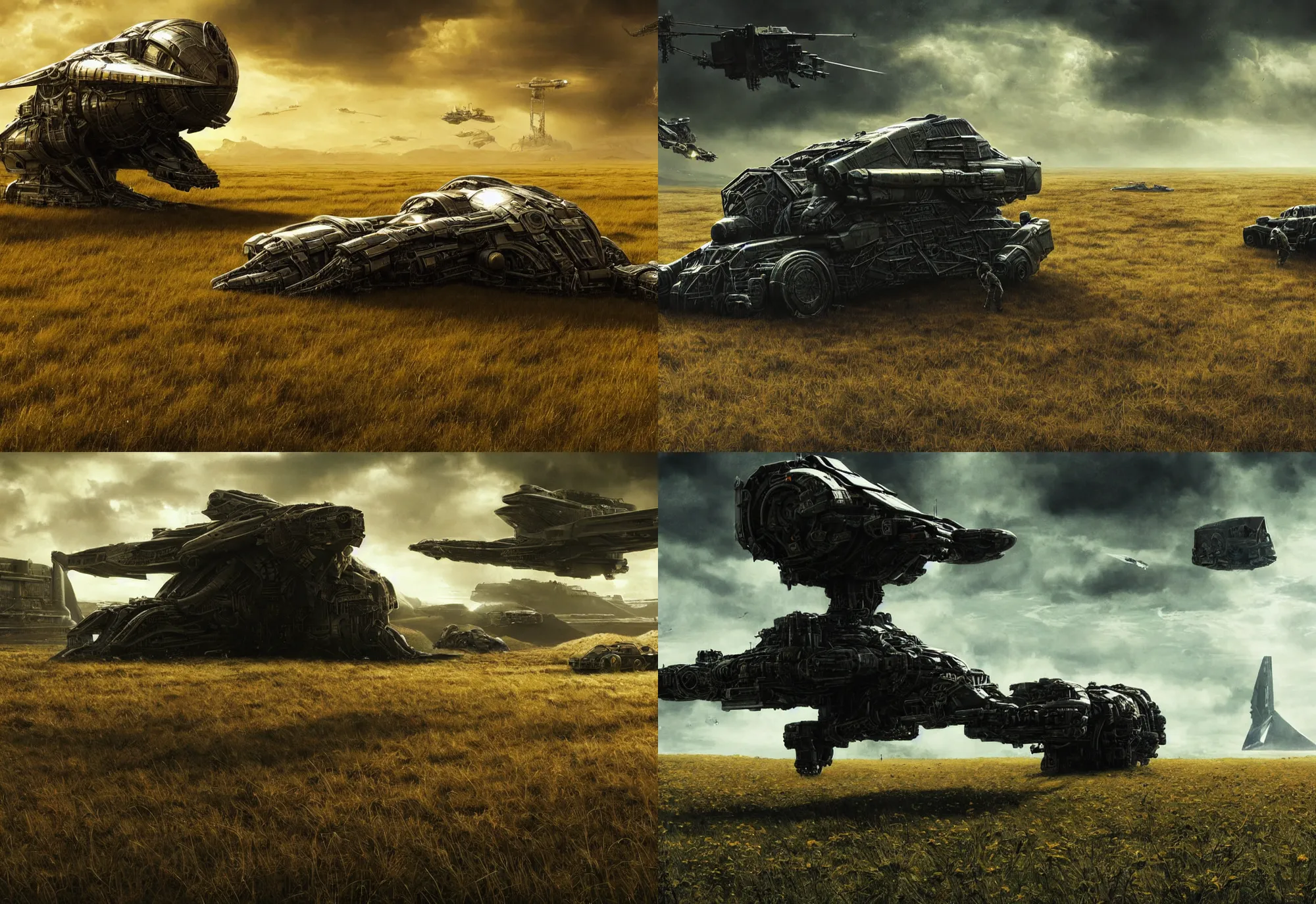 Prompt: neil blomkamp film landscape, hyper realistic, cinematic, perfect composition, golden ratio, extreamly detailed, detailed grass, detailed crash space ship, detailed sky, physical correct lgiht and shadow, photorealistic, photo